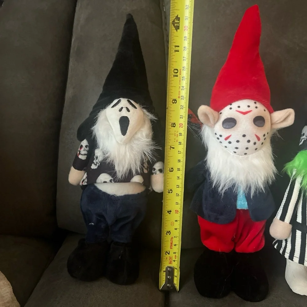 (4) 12 inch halloween garden gnomes, soft. Jason, Freddy, Ghostface.